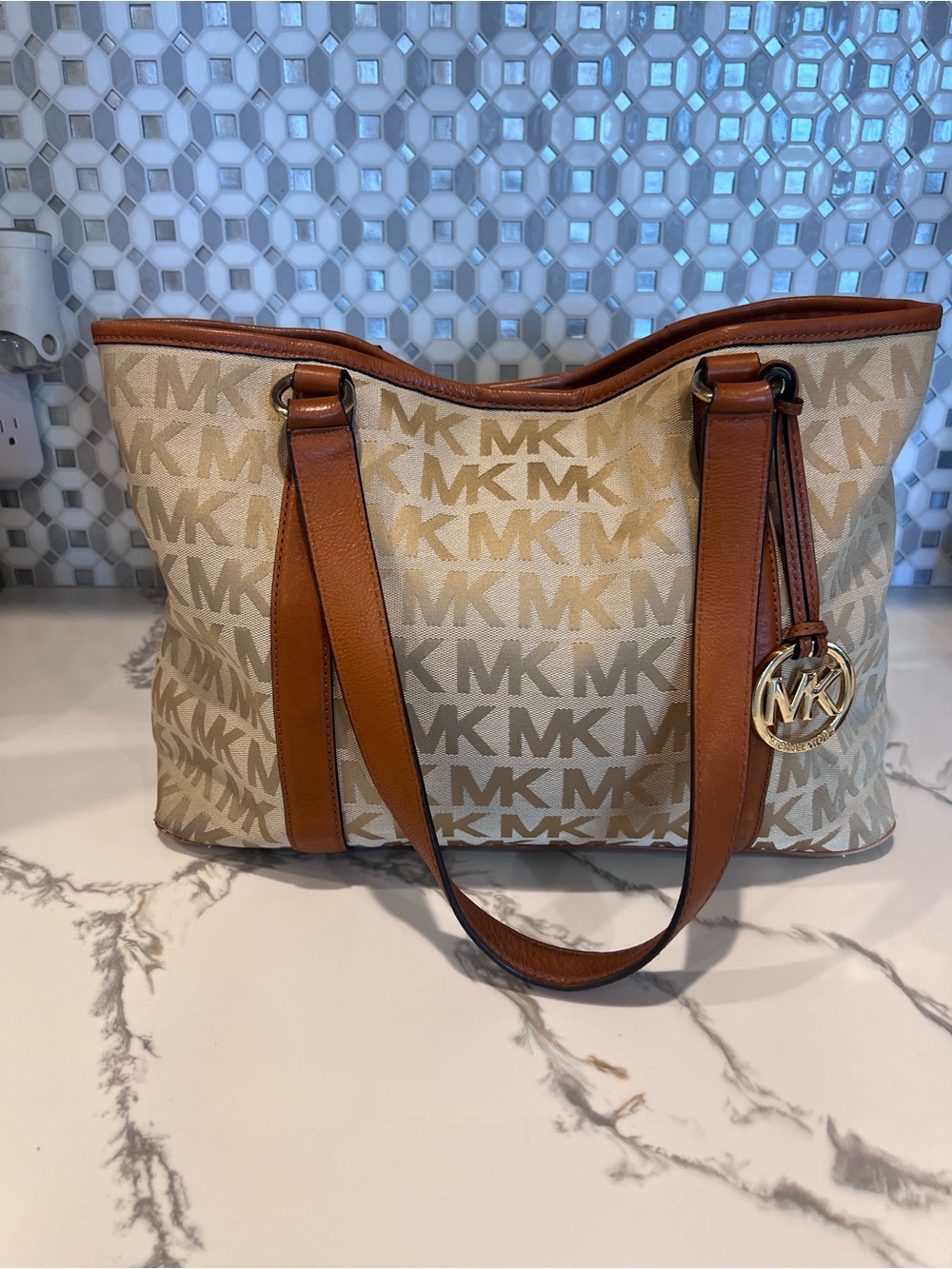 Michael Kors Large East West Tote Handbag Purse Canvas Leather Trim